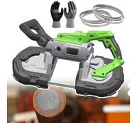 Sega a nastro portatile per il taglio di metalli, regolabile da 0 a 45°, con luce LED integrata, include lame multiple e guanti, ideale per rame, alluminio, acciaio e materiali per pavimenti