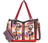 Segater Borsa tote multicolore da donna 2 pezzi Borsa a mano in vera pelle colorata Borsa a tracolla con giunture floreali casuali Borsa Shopper da Lavoro con Portafoglio