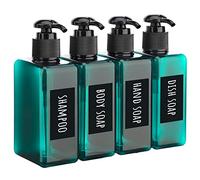 Segbeauty Quadrata Dosatori per Sapone Liquido, 4 Pezzi 200ml Dispenser Set per Bagno Cucina, Flacone Ricaricabile con Etichetta Impermeabile e Scritta a Mano per Gel Doccia e Balsamo, Blu Pavone