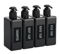 Segbeauty Quadrata Dosatori per Sapone Liquido, 4 Pezzi 280ml Dispenser Nero per Bagno Cucina, Flacone Ricaricabile con Etichetta Impermeabile e Scritta a Mano, Bottiglia a Pompa per Liquido Lavamani