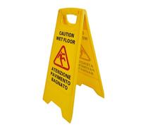Segnale Avviso professionale "Caution wet floor - Atenzione pavimento bagnato". In inglese e italiano. Alta visibilità per evitare incidenti