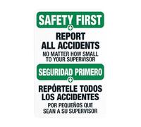 Segnale di avvertimento bilingue con scritta in lingua inglese "Report All Accidents No Matter How Small Bilingue Warning - Slogan Security Security Slogan Security Security Slogan Security Security