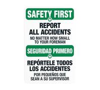Segnale di avvertimento bilingue con scritta in lingua inglese "Report All Accidents No Matter How Small Bilingue Warning Slogan Security Security Slogan Security Slogan Security Security Slogan