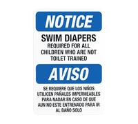 Segnale di avvertimento bilingue con scritta "Swim Diapers Required Children Who Are Not Toilet Trained" (lingua italiana non garantita), con regole della piscina, per affari, casa, strada, parete