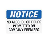 Segnale di avvertimento con avviso No Alcohol or Drugs Permitted On Company Premises, Cartello di divieto di sicurezza in metallo per casa, ufficio, cortile, garage, parete stradale, sicurezza