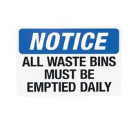 Segnale di avvertimento con scritta "All Waste Bins Must Be Emptied Daily Warning, Prohibition Security", per casa, lavoro, esterni, interni, strada, cortile, garage, strada, parete, sicurezza