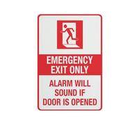 Segnale di avvertimento con scritta "Emergency Exit Only Alarm Will Sound" (lingua italiana non garantita)
