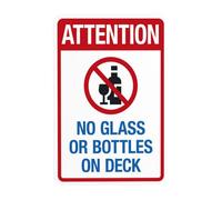Segnale di avvertimento con scritta in inglese "Attenzione No Glass Or Bottles On Deck, Pool Rules, Security Metal Signs for Home Business Outdoor Indoor Road Yard Garage Street Wall Safety Caution