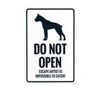 Segnale di avvertimento con scritta in inglese "Do Not Open Escape Artist Is Impossible To Catch, Beware of Dog", per affari, casa, esterni, interni, strada, parete, sicurezza, attenzione, decorazione
