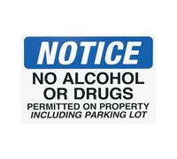 Segnale di avvertimento con scritta in inglese "Notice No Alcohol or Drugs Permitted On Property Including Parking", segnale di divieto di sicurezza, cartelli in metallo per casa, lavoro, parete