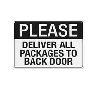 Segnale di avvertimento con scritta in inglese "Please Deliver All Packages to Back Door", 30,5 x 20,3 cm