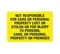 Segnale di avvertimento con scritta in lingua inglese "Not Responsible For Cars Or Personal Property Lost or For Injury To Persons", per casa, lavoro, garage, sicurezza da parete, decorazione