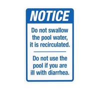 Segnale di avvertimento con scritta in lingua inglese "Notice Do Not Shallow The Pool Water It Is Recirculated", cartello metallico di sicurezza con regole della piscina per affari, casa, esterni