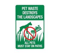 Segnale di avvertimento con scritta in lingua inglese "Pet Waste Destroys The Landscape All Pets Must Stay On Paths", cartello in metallo per affari, casa, cortile, garage, parete stradale, sicurezza