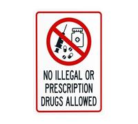 Segnale di avvertimento con scritta "No Illegal or Prescription Drugs Allowed", segnale di divieto di sicurezza, cartelli in metallo per affari, casa, esterni, interni, strada, cortile, garage, strada