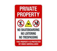 Segnale di avvertimento con scritta "No Skateboarding Loitering Trespassing This Property Is Protected By Video", segnale di divieto di sicurezza, cartelli in metallo per affari stradali, sicurezza