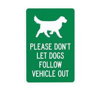 Segnale di avvertimento grafico con scritta in lingua inglese "Please Do Not Let Dogs Follow Vehicle Out with Graphic Warning of Gate Security Warning" (lingua italiana non garantita) per cancelli