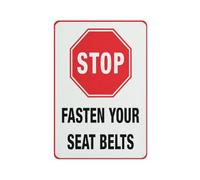 Segnale di avvertimento in alluminio con simbolo per uso interno ed esterno, 30,5 x 20,3 cm, con scritta "Stop - Fasten Your Seat Belts"