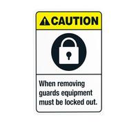 Segnale di avvertimento in metallo con scritta in inglese "When Removing Guards Equipment Must Be Locked Out", per affari, casa, esterni, interni, strada, cortile, garage, muri, sicurezza, sicurezza