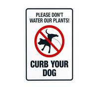 Segnale di avvertimento in metallo con scritta in lingua inglese "Please Don't Water Our Plants Curb Your Dog, No Dog Poop Security" per affari, casa, esterni, interni, garage, strada, parete