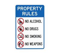 Segnale di avvertimento in metallo con scritta "No Alcohol No Drugs No Smoking No Weapons Warning, Prohibition Security", per affari, casa, esterni, interni, strada, garage, strada, parete, sicurezza