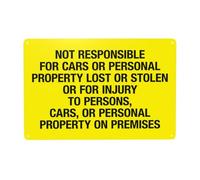 Segnale di avvertimento "Not Responsible For Cars Or Personal Property Lost or Stolen Or For Injury" (lingua italiana non garantita), cartello in metallo per la casa, il lavoro, la sicurezza delle
