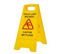 Segnale di avvertimento"Perigo chao molhado - Caution wet floor". In portoghese e inglese. Alta visibilità per evitare incidenti.