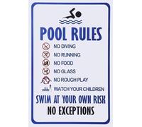 Segnale di avvertimento, Pool Rules, cartello di sicurezza in piscina con scritta "No Diving No Running No Food No Glass No Rough Play,Watch Your Children Swim At Your Own Risk No Excep Tions Signs