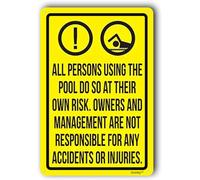 Segnale di avvertimento, Pool Rules, cartello di sicurezza per piscina "All Persons Using The Swimming Pool Do So At Their Own Risk." 30,5 x 40,6 cm Cartello in alluminio metallico