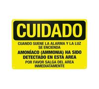 Segnale di avvertimento spagnolo "When The Alarm Sounds And The Light Flashes Ammoniaca Has Been Detected In This Area", "Do Not Enter Security", cartello in metallo per la sicurezza delle pareti