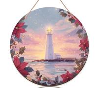 Segnale di benvenuto con faro per porta d'ingresso, stella di Natale e agrifoglio, in legno rosso, per porta d'ingresso, bella decorazione per la casa, set da 1