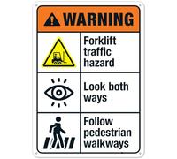 Segnale di pericolo stradale per carrelli elevatori con scritta in inglese "Look Both Ways Follow Pedestrian Walkways", segnale di avvertimento ANSI, cartello di sicurezza in metallo NO.28852, 20,3 x