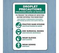 Segnale di sicurezza bilingue con goccioline di precauzioni per attrezzature mediche, in metallo, 20 x 30 cm, per casa o lavoro