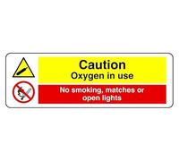 Segnale di sicurezza con scritta "A Caution Oxygen In Use No smoking matches, or Open Lights" - Adesivo autoadesivo ad alta aderenza (450 mm x 200 mm) Distanza di visualizzazione entro 7 m.
