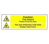 Segnale di sicurezza con scritta "Caution Trip Hazard Please Mind The Step You Are Entering A Wet Area Please Take Care - Cartello di sicurezza" - Adesivo autoadesivo ad alta aderenza (450 mm x 150 mm
