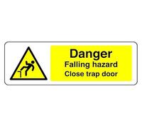Segnale di sicurezza con scritta "Danger Falling Hazard Close Trap Door - Adesivo autoadesivo ad alta adesività (600 mm x 200 mm) Distanza di visualizzazione entro 14 m.