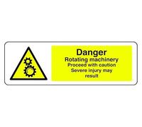 Segnale di sicurezza con scritta "Danger Rotating Machinery Proceed With Caution Grave Injury May Result", in plastica rigida da 1,2 mm, per uso interno/esterno (300 mm x 100 mm), distanza di