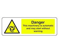 Segnale di sicurezza con scritta "Danger This Machinery Is Automatic And May Start Without Warning - Adesivo autoadesivo ad alta adesività (300 mm x 100 mm) Distanza di visualizzazione entro 5 m.