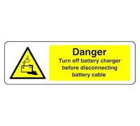 Segnale di sicurezza con scritta "Danger Turn Off Battery Charger Before Disconnecting", in plastica rigida da 1,2 mm, per uso interno/esterno (150 mm x 50 mm), distanza di visualizzazione entro 3 m.