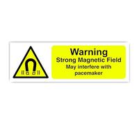 Segnale di sicurezza con scritta in inglese "Warning Strong Magnetic Field May Interfere With Pacemaker", adesivo ad alta aderenza (300 mm x 100 mm), distanza di visualizzazione entro 5 m.