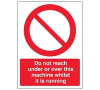 Segnale di sicurezza con scritta "V Safety Do Not Reach Under Or Over This Machine", verticale, 150 x 200 mm, vinile autoadesivo, effetto alluminio
