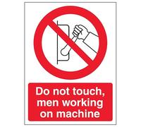 Segnale di sicurezza con scritta "V Safety Do Not Touch Men Working On Machine", verticale, 150 x 200 mm, 2 mm, in plastica rigida super resistente