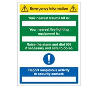 Segnale di sicurezza con scritta "V Safety Emergency Information - Nearest Trauma Kit/Fire Equipment Is 450 x 600 mm - 3 mm in alluminio composito