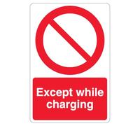 Segnale di sicurezza con scritta "V Safety Except While Charging - Prohibition Symbol", 200 x 300 mm, in alluminio composito da 3 mm