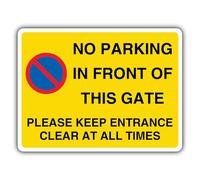Segnale di sicurezza con scritta "V Safety No Parking In Front Of This Gate - Please Keep Entrance Clear At All Times", 300 x 225 mm, in alluminio composito riflettente RA2 da 3 mm