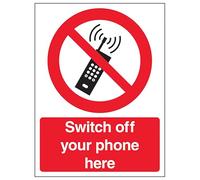 Segnale di sicurezza con scritta "V Safety Switch Off Your Mobile Phone Here", verticale, 150 x 200 mm, 2 mm, in plastica rigida