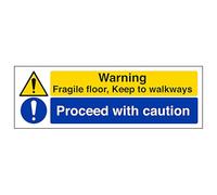 Segnale di sicurezza con scritta "V Safety Warning, Fragile Floor/Proceed With Caution - Landscape 300 x 100 mm - 3 mm in alluminio spazzolato composito