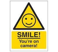Segnale di sicurezza con scritta "V Safety Warning - SMILE! You're On Camera!", 150 x 200 mm, vinile autoadesivo, effetto alluminio