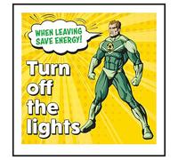 Segnale di sicurezza con scritta "V Safety When Leaving Save Energy! Turn Off The Lights Superman, 100 x 100 mm, vinile autoadesivo, effetto alluminio