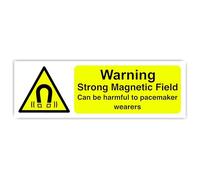 Segnale di sicurezza con scritta "Warning Strong Magnetic Field Can Be Harmful To Pacemaker Wearers", adesivo autoadesivo ad alta aderenza (600 mm x 300 mm), distanza di visualizzazione entro 14 m.